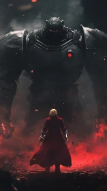 Lone warrior confronts towering armored mech in firelit void.