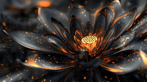 Glowing metallic flower opens in swirling embers of light