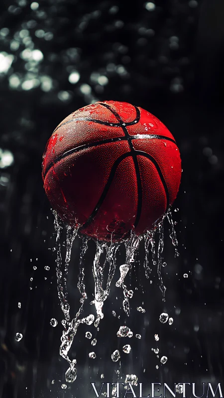 Wet basketball rises through splashing water in dramatic light