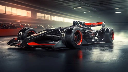 Futuristic carbon race car under moody pit-lane lighting.