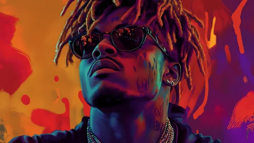 Neon-lit hip-hop portrait radiates bold confidence and style