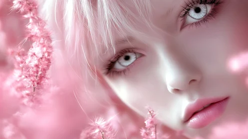 Pastel-eyed portrait in ethereal pink floral haze.