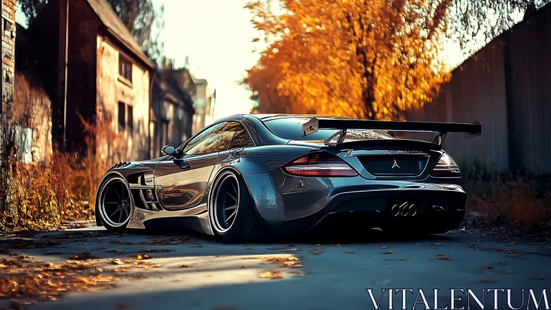 Widebody track-spec coupe under autumn backlight in deserted alley