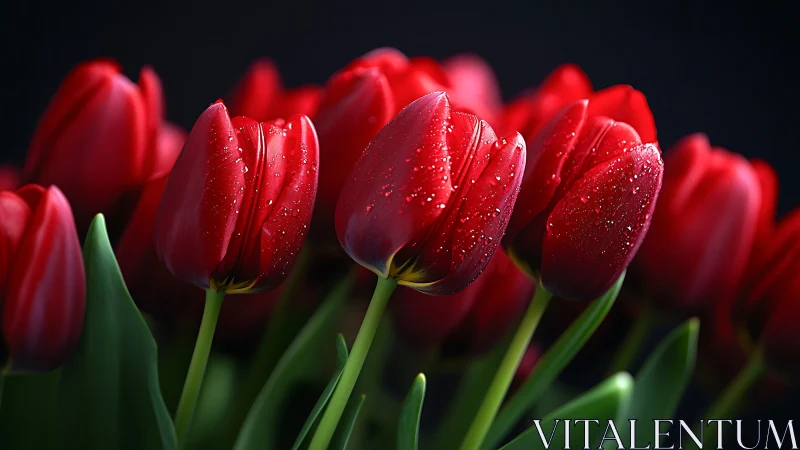 Red Tulips with Water Droplets Against Dark Background.