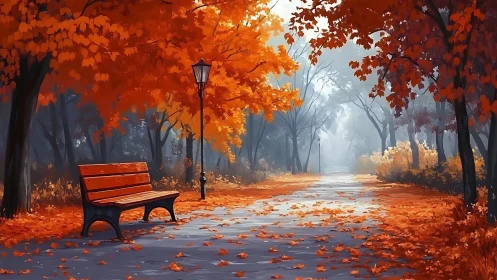 Empty bench lines quiet autumn park path under amber trees