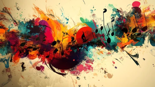 Colorful music notes surge through expressive paint waves.