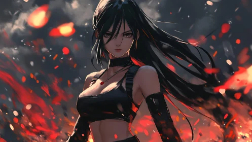 Dark-haired anime warrior stands amid blazing embers.