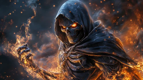 Fiery hooded reaper strides from the flames with molten rage