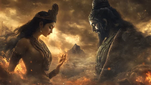 Digital painting of divine figures in molten atmospheric tableau.