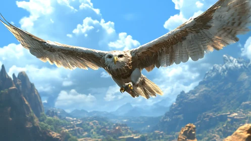 Majestic eagle soaring over mountain landscape, hyper-realistic style.
