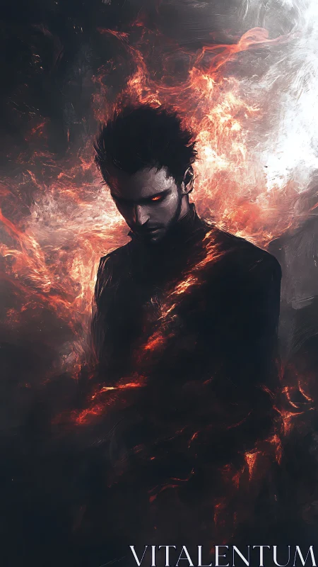 Dark fire-wreathed figure gazes downward in searing silence.