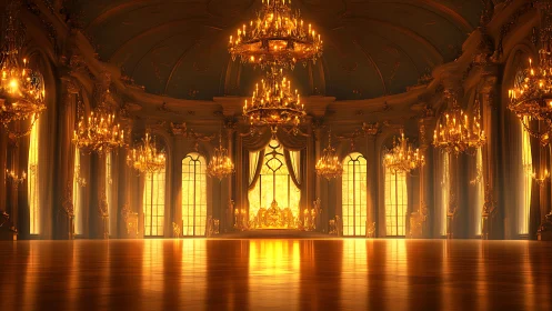 Golden palace ballroom glows under lavish chandeliers.