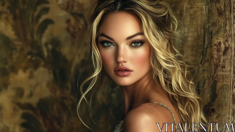 Golden gaze amid baroque shadows, portrait of quiet fire.