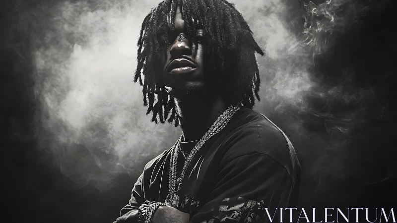 Photorealistic moody portrait in dramatic smoke-filled chiaroscuro.