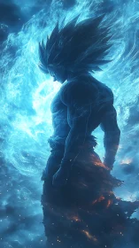 Blazing warrior stands calm within a storm of blue energy