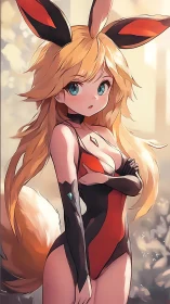 Fox-eared anime girl in black and red bodysuit portrait.