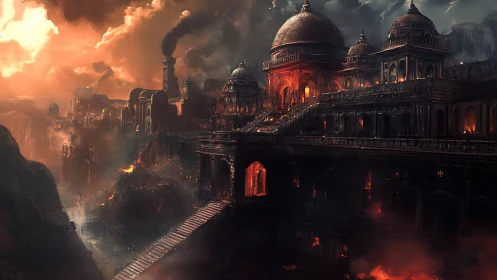 Infernal domed citadel rising above a burning ravine.