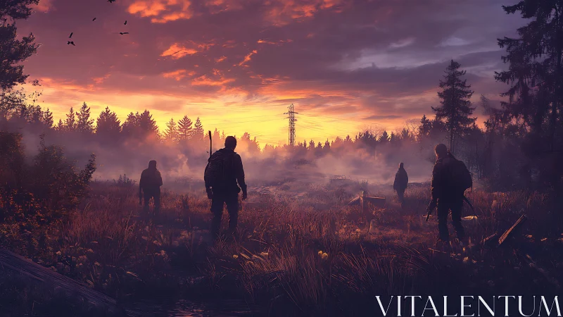 Silhouetted figures traverse misty meadow under dusk sky