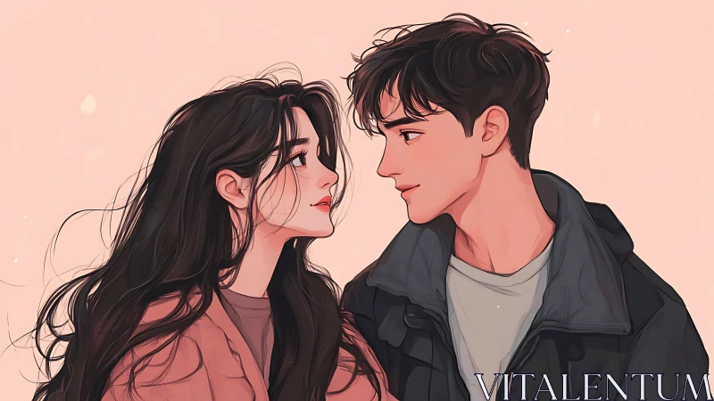 Two figures in profile against warm peach background gaze toward each other