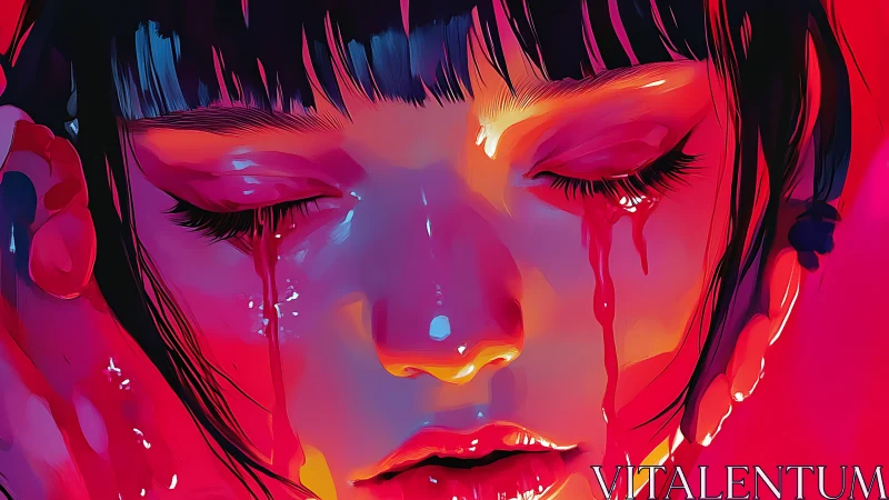 Chromatic portrait of weeping figure in neon spectral light.