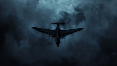 Military aircraft silhouette is centered within dense clouds