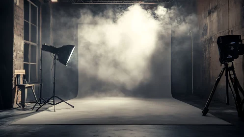 Photorealistic fog-filled studio cyclorama with cinematic lights.