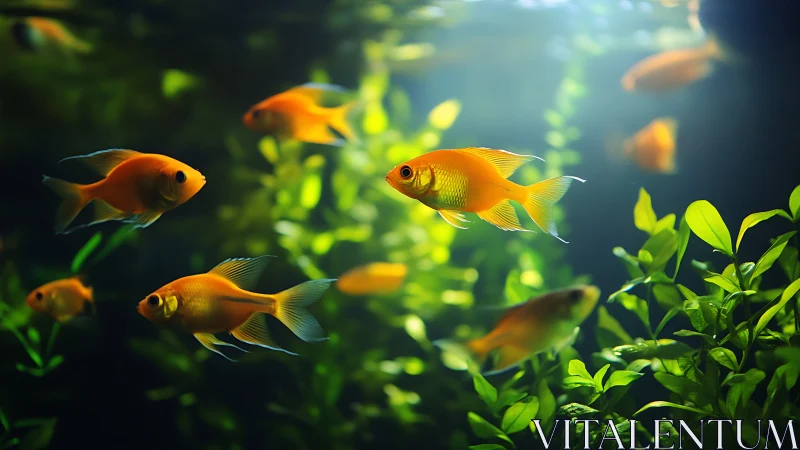 Golden fish drifting through a sunlit, leafy aquarium world.