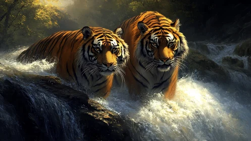 Two Tigers in Rushing Water Among Forest Mist