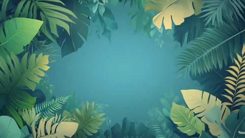 Emerald jungle leaves framing a dreamy teal clearing.