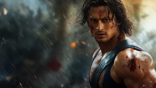 Battle-worn warrior in dynamic rain-lit action close-up scene
