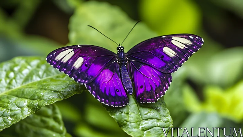 Purple butterfly on green foliage in close macro frame.