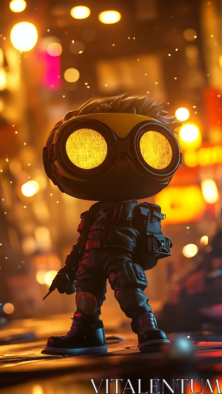Goggled vinyl street hero surveys a neon soaked night alley