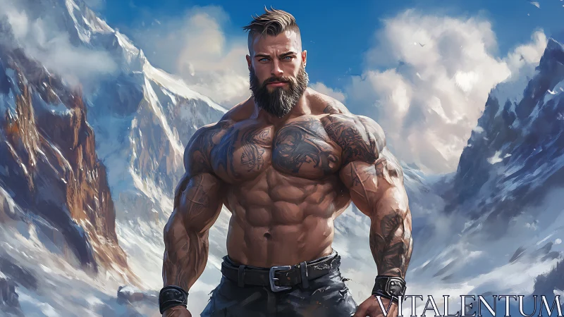 Tattooed muscular warrior standing in harsh snowy mountains.