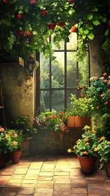 Sunlit interior terrace with potted plants and window view