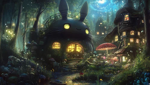 Bioluminescent forest village encircles whimsical creature dwelling