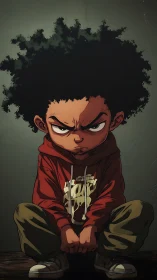 Defiant cartoon boy in hoodie holds intense seated stare.
