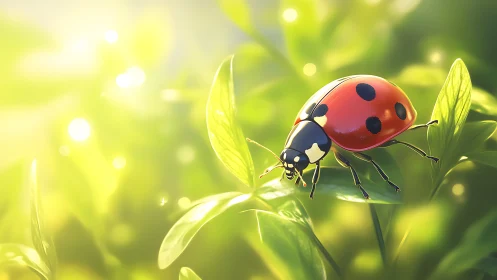 Ladybug on sunlit leaves in soft green bokeh garden.