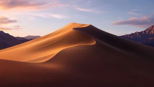Sunlit desert sand dune ridge under late day sky.