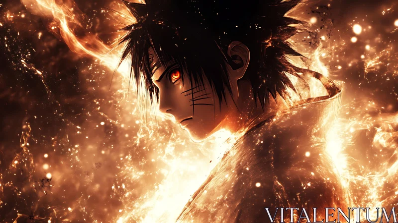 Fiery anime warrior stands in swirling embers and light