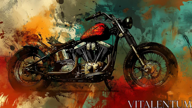 Custom bobber motorcycle over abstract splatter color field