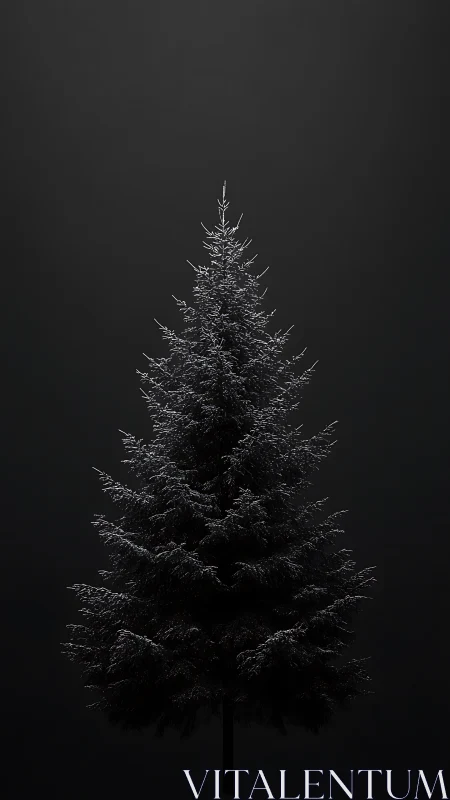 Solitary snow-dusted evergreen under deep black backdrop.