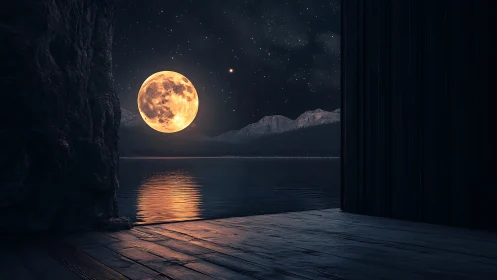 Photorealistic moonrise over lake framed by dark architecture.