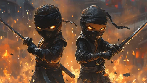Fiery twin ninja warriors stand united amid raging flames