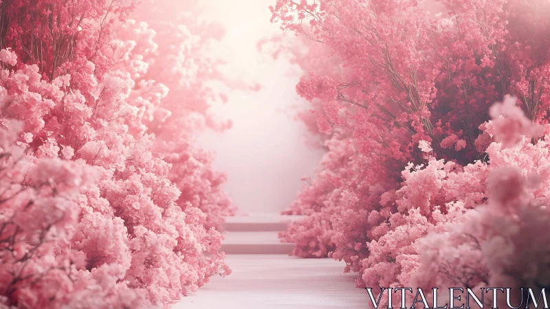 Pink floral pathway extends through soft ethereal haze