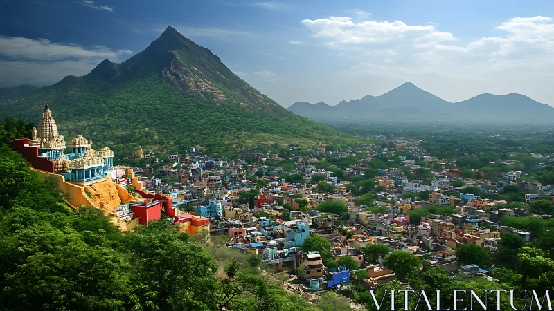 Temple crowns a lush hill above a kaleidoscopic Indian town.