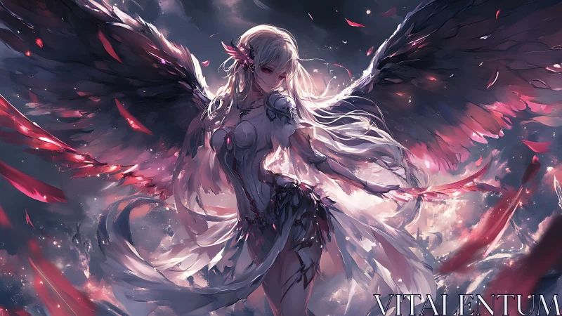 Radiant winged guardian in swirling twilight feathers.