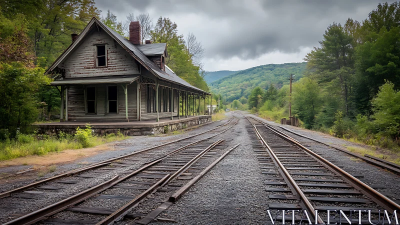Photorealistic rural rail depot with converging track lines.