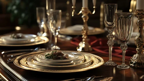 Formal table arrangement with ornate plates and glassware.