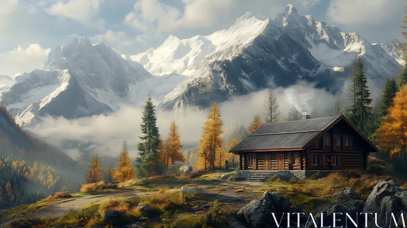 Timber cabin before glaciated massif in crisp autumnal atmosphere.