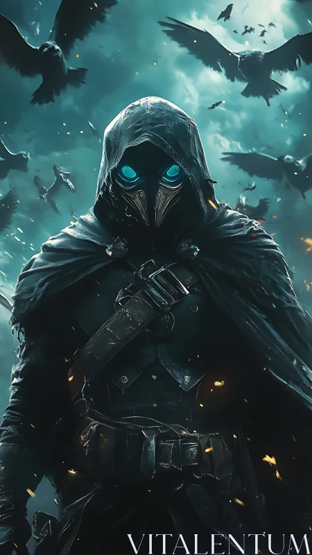 Hooded crowcaller stalks the storm with neon plague eyes